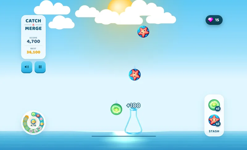 Catch'n'Merge Fall stage — slide your flask to catch creatures and gems while dodging boulders