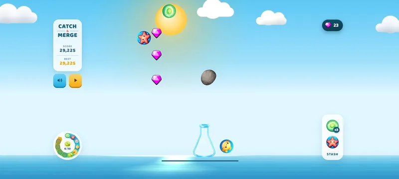 Catch'n'Merge fall stage — catching under a bright daytime sky (after redesign)