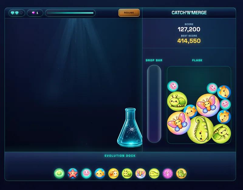 Catch'n'Merge fall stage — Neon Alchemy Lab dark theme (before redesign)