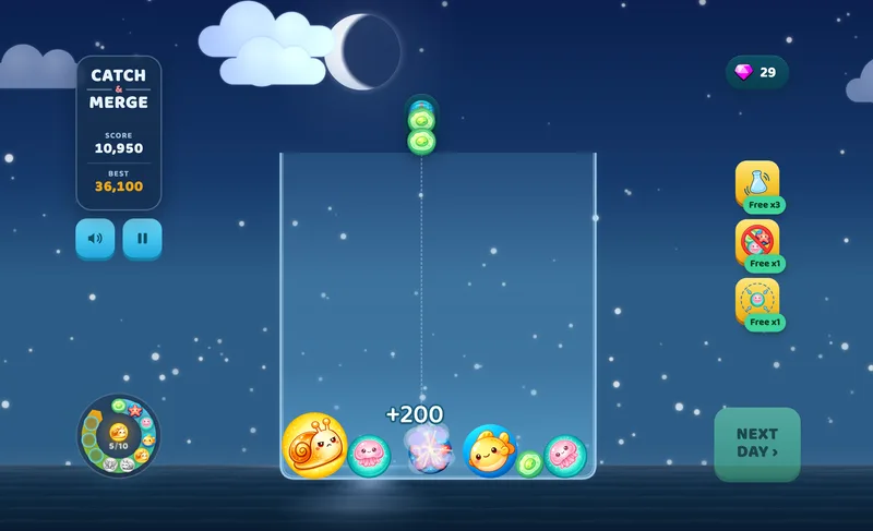 Catch'n'Merge Merge stage — same-tier creatures merging up the evolution chain