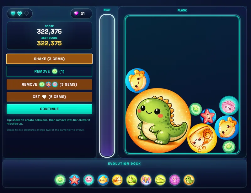 Catch'n'Merge merge stage — Neon Alchemy Lab dark theme (before redesign)